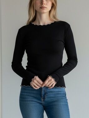 Mango Black Ribbed Long-Sleeve Scoop Neck Sweater with Scallop Trim